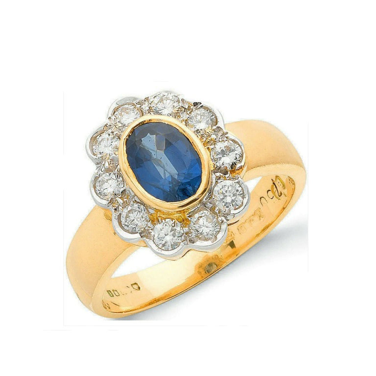 Real Sapphire and Diamond Cluster Ring 18ct Yellow Gold Oval Statement Cocktail