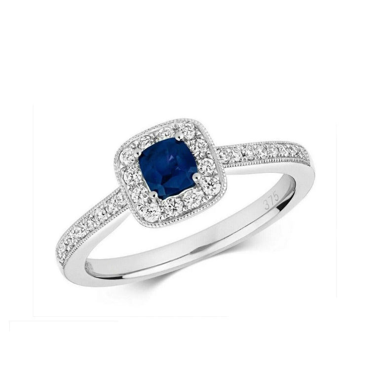 Real Sapphire and Diamond Ring 9ct White Gold Cushion Square Cluster Size J-Q
