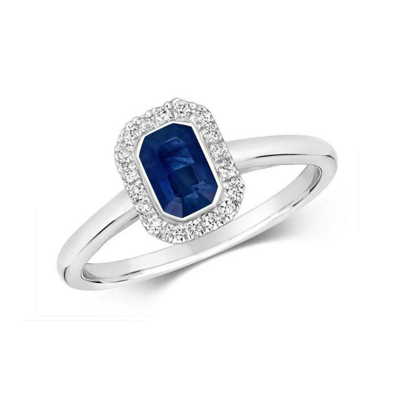 Real Sapphire and Diamond Ring 9ct White Gold Cluster Engagement Size J - Q