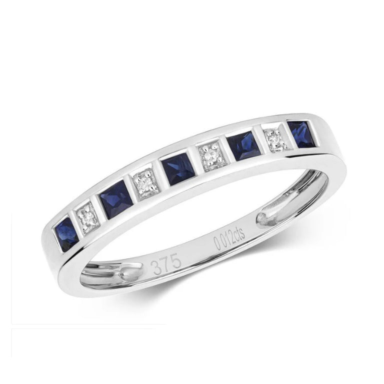 Real Sapphire and Diamond Eternity Ring Solid White Gold Square Anniversary Band