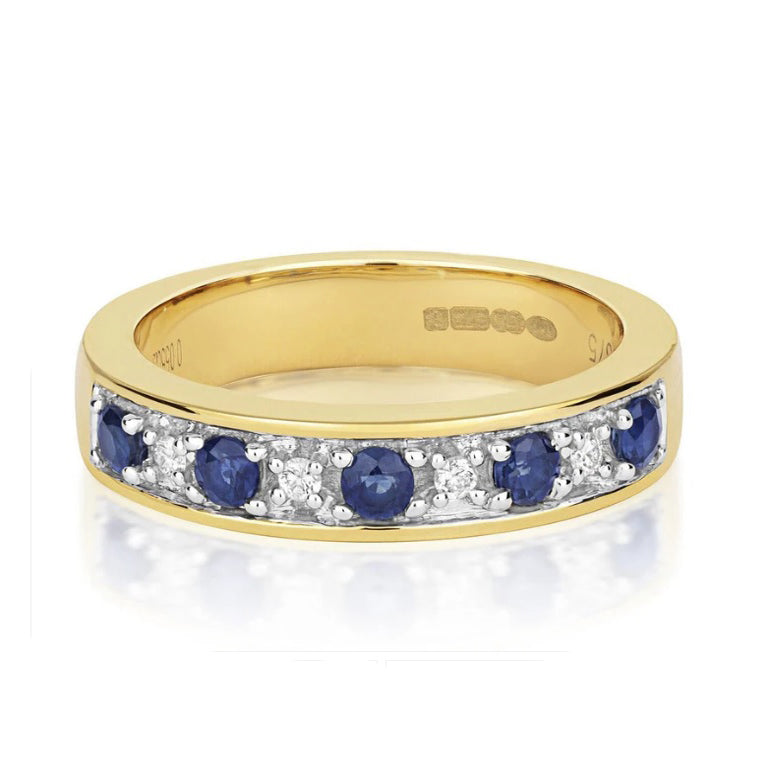 Real Sapphire and Diamond Ring 9ct Yellow Gold Eternity Band Size JKLMNOPQ