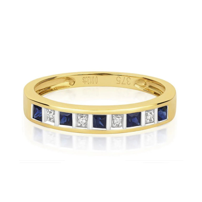 Real Sapphire and Diamond Eternity Ring Solid Yellow Gold 3mm Band Size J-Q