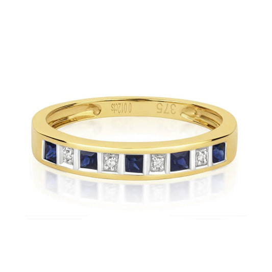 Real Sapphire and Diamond Eternity Ring Solid Yellow Gold 3mm Band Size J-Q