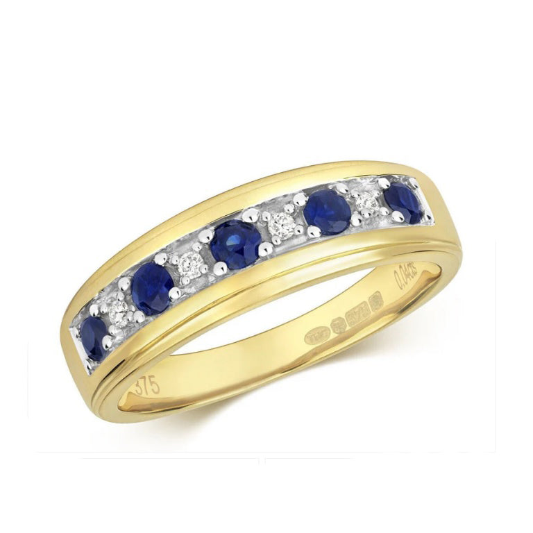 Real Sapphire and Diamond Eternity Ring 9ct Yellow Gold Band Size J-Q