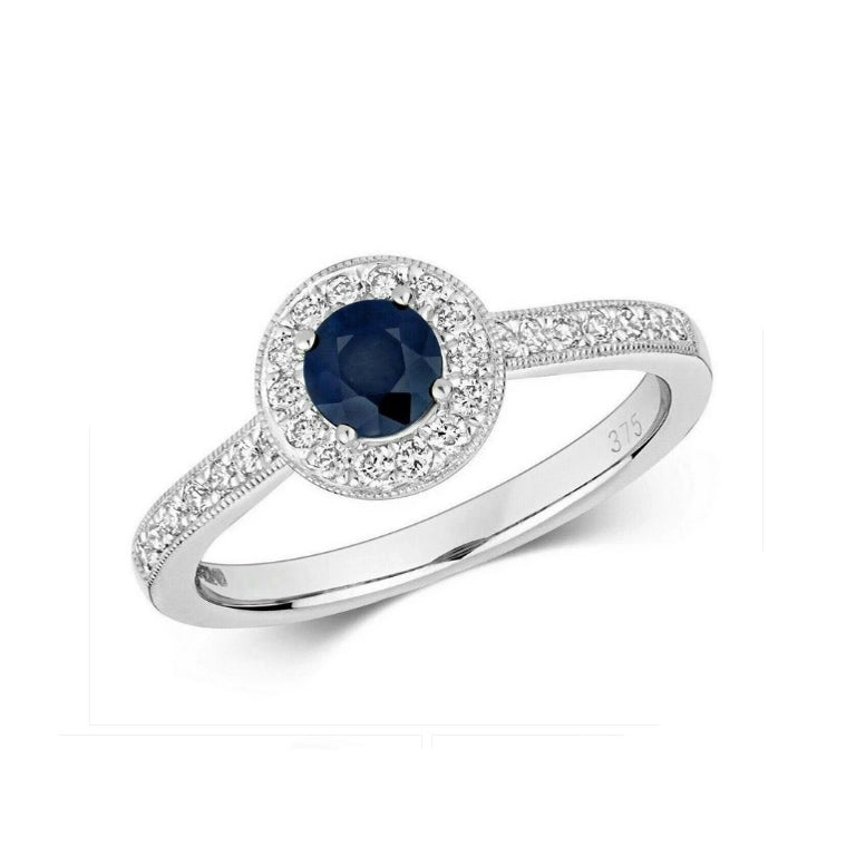 Real Sapphire and Diamond Ring 9ct White Gold Round Cluster Halo Engagement