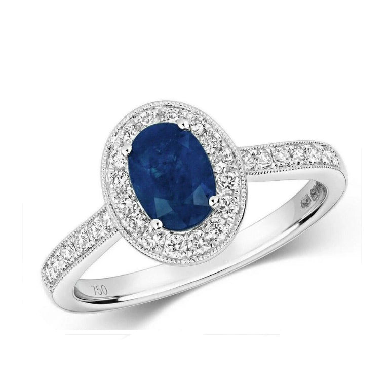 Real Sapphire and Diamond Ring 18ct White Gold Oval Halo Cluster