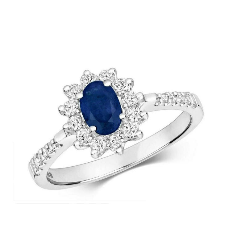 9ct White Gold Sapphire and Diamond Ring Oval Cluster Engagement Size J - T