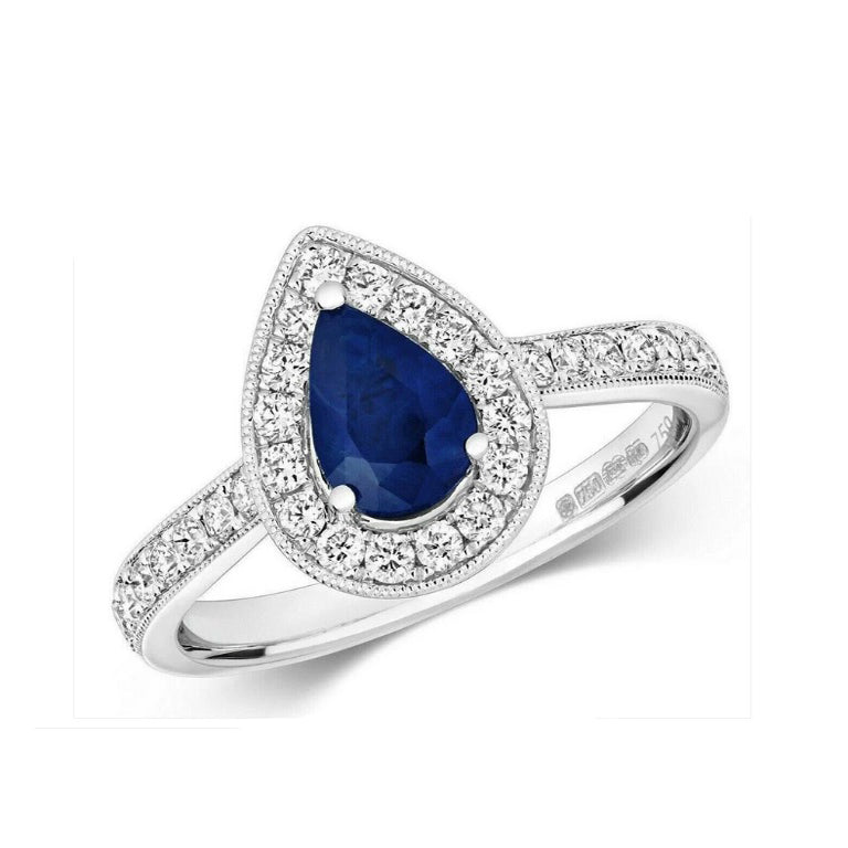 Real Sapphire and Diamond Pear Ring 18ct White Gold Teardrop Cluster