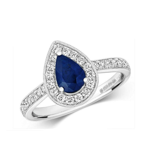 Real Sapphire and Diamond Pear Ring 18ct White Gold Teardrop Cluster