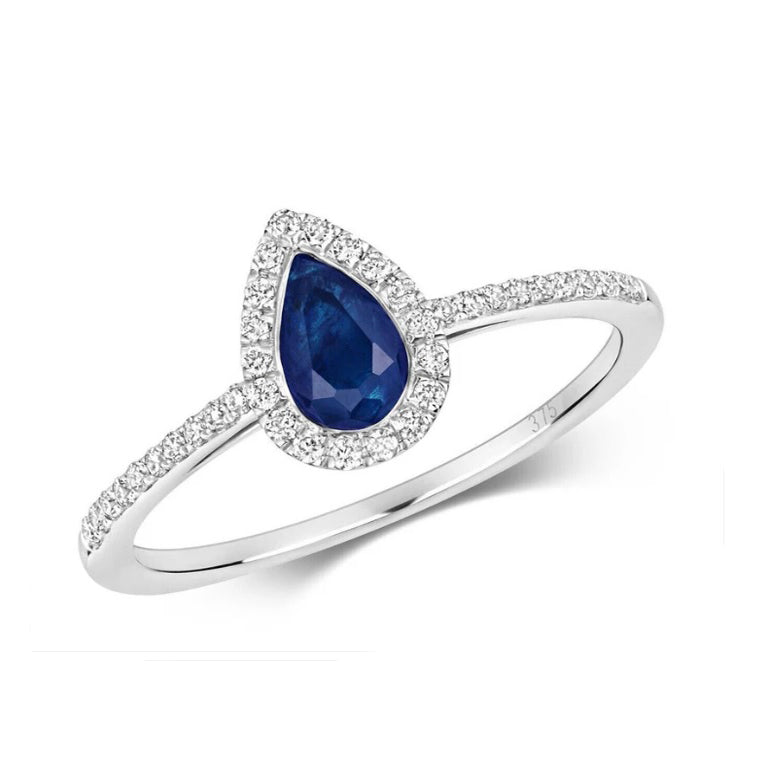 Real Sapphire and Diamond Pear Ring 9ct White Gold Teardrop Cluster Size J - Q
