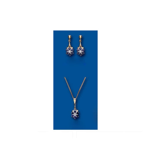 Sapphire and Diamond Set Pendant and Earrings Yellow Gold Drop Cluster