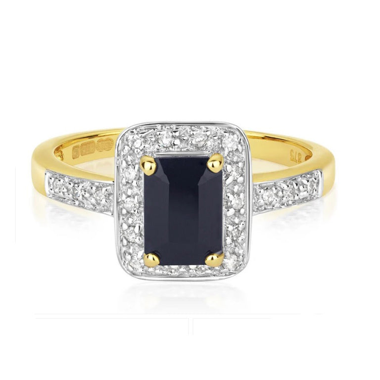 Real Sapphire and Diamond Ring Solid Yellow Gold Emerald Cut Engagement Size J-Q