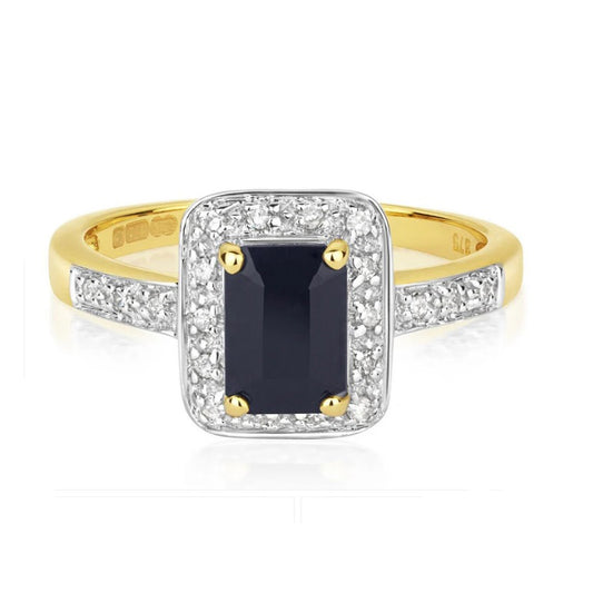 Real Sapphire and Diamond Ring Solid Yellow Gold Emerald Cut Engagement Size J-Q