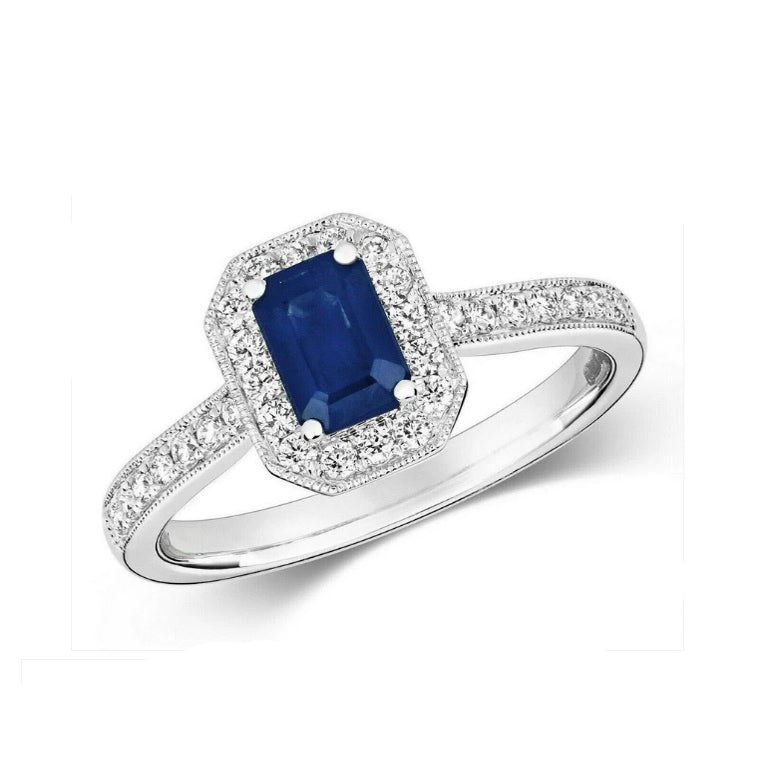 Real Sapphire and Diamond Ring 9ct White Gold Octagon Cluster Size J-Q