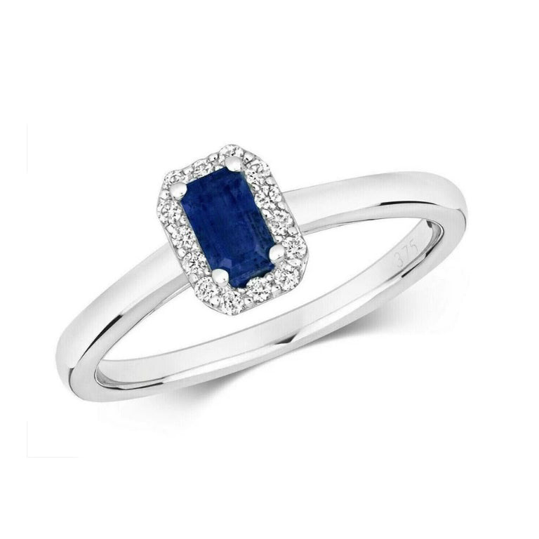 Real Sapphire and Diamond Ring 9ct White Gold Octagon Cut Cluster Size J - Q