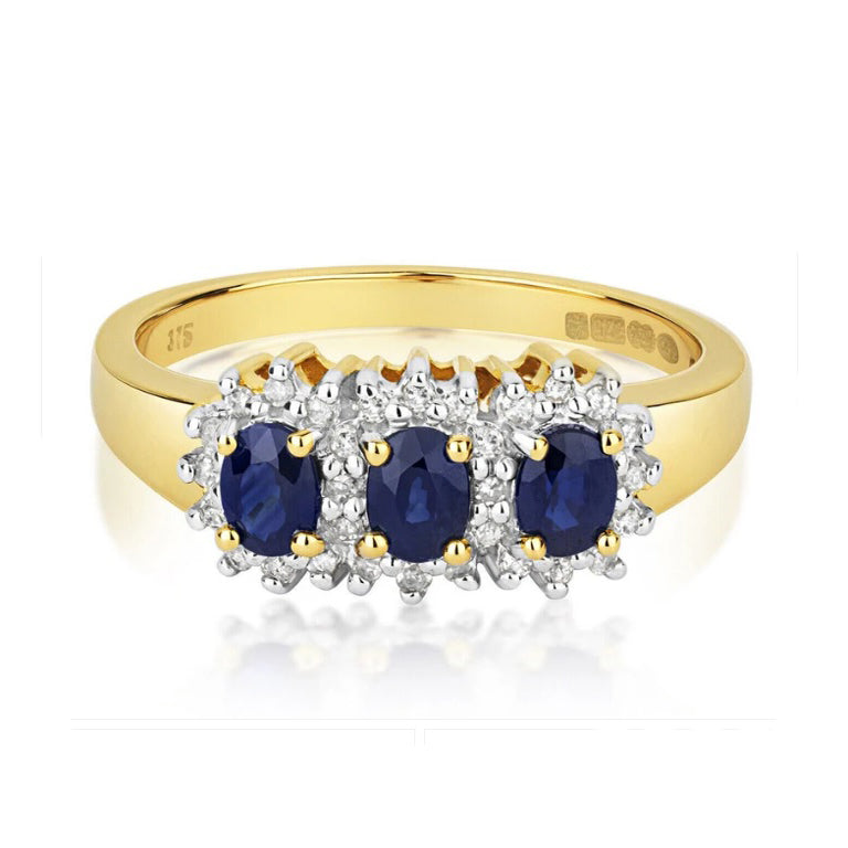9ct Yellow Gold Sapphire and Diamond Ring Three Stone Cluster Trilogy Size J - Q