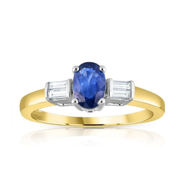 9ct Yellow Gold Baguette Cut 0.11ct Diamond & 0.60ct Blue Sapphire Ring