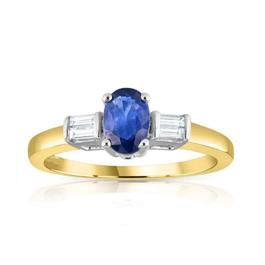 9ct Yellow Gold Baguette Cut 0.11ct Diamond & 0.60ct Blue Sapphire Ring