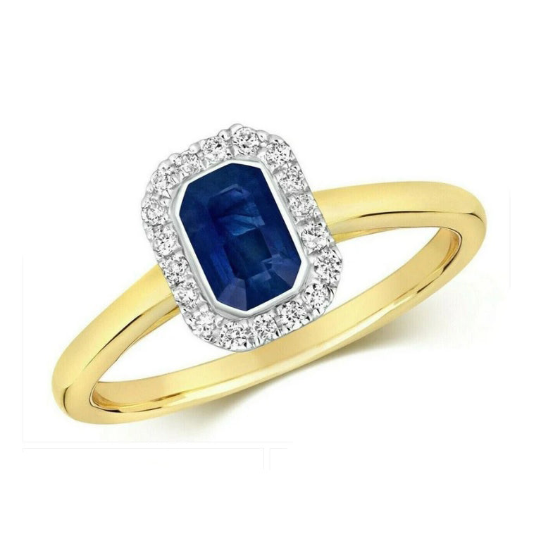 Real Sapphire and Diamond Ring 9ct Yellow Gold Octagon Cluster Size J - Q