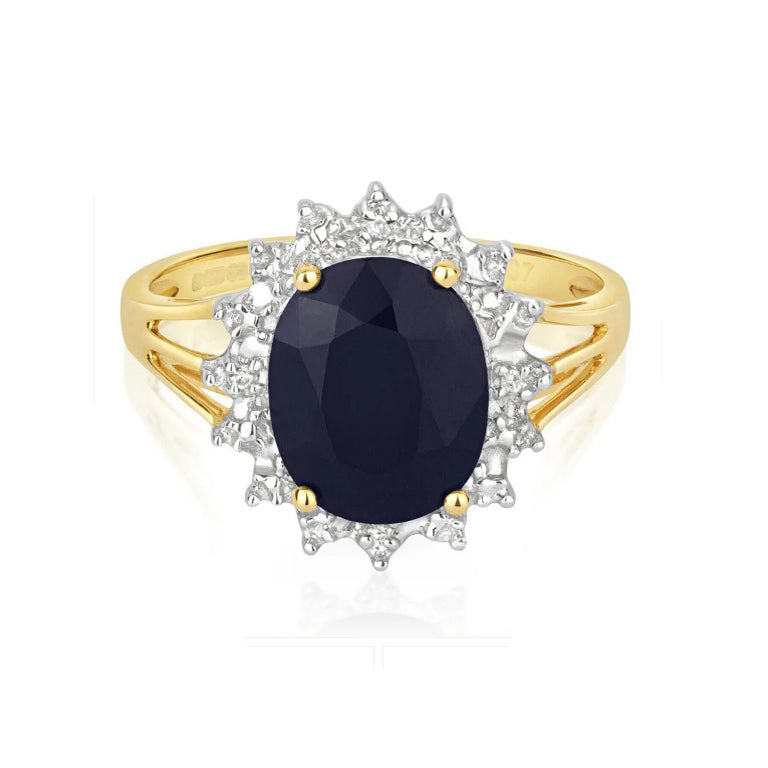 Real Sapphire and Diamond Ring Solid Yellow Gold Large Centre Stone Size J - Q