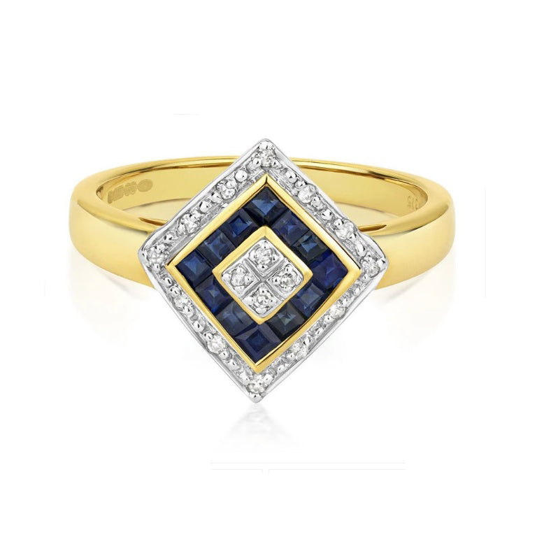 Real Sapphire and Diamond Ring Solid Yellow Gold Square Cluster Size JKLMNOPQ