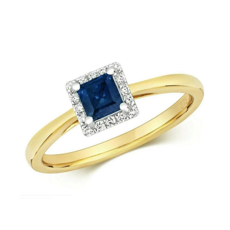 Real Sapphire and Diamond Ring 9ct Yellow Gold Square Cluster Size J - Q