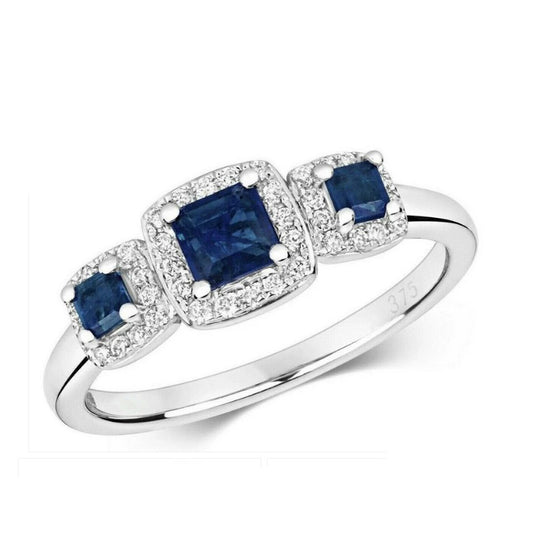 Real Sapphire and Diamond Trilogy Ring 9ct White Gold Three Stone Engagement