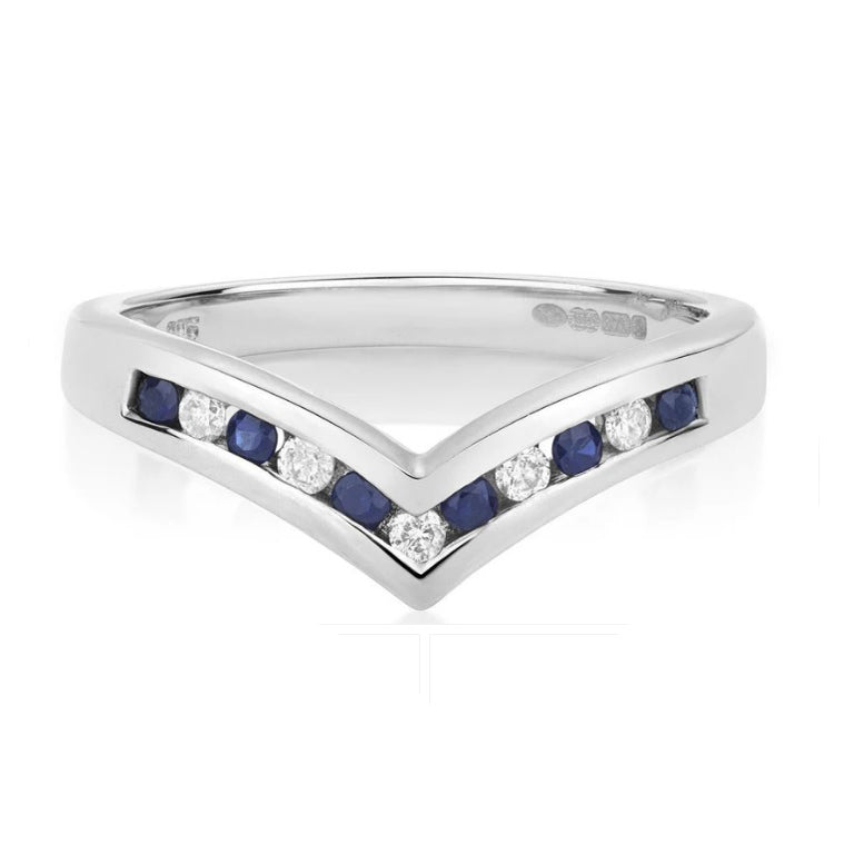 Sapphire and Diamond Wishbone Ring Solid White Gold Eternity Band Size J - Q