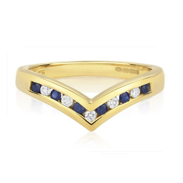 Real Sapphire and Diamond Wishbone Ring Solid Yellow Gold Eternity Band Size J-Q