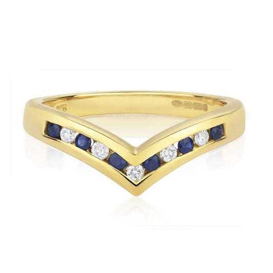 Real Sapphire and Diamond Wishbone Ring Solid Yellow Gold Eternity Band Size J-Q
