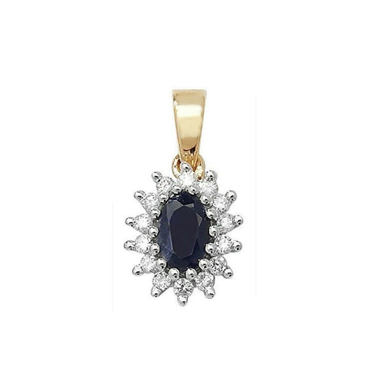 Sapphire and Diamond Oval Cluster Pendant Solid 9ct Yellow Gold Real Stones