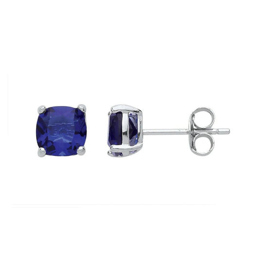 Sapphire Cushion Stud Earrings Sterling Silver Rhodium Plated 925 Hallmark 6mm