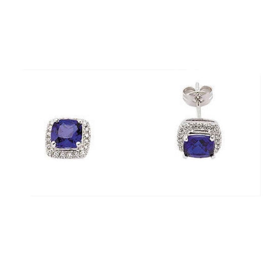 Sapphire Earrings Solid Silver Stud Platinum Plated Sterling Silver Cushion