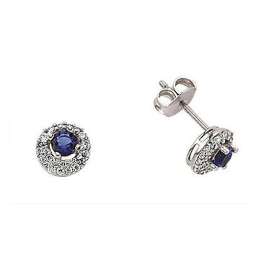 Sapphire Earrings Halo Stud Platinum Plated Sterling Silver Studs Cluster