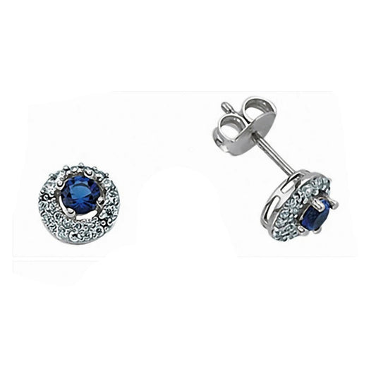 Sapphire Halo Stud Earrings Solid Sterling Silver Rhodium Plate 925 Hallmark 7mm