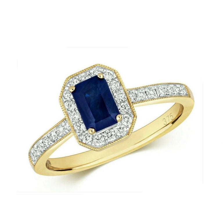 Real Sapphire and Diamond Ring 9ct Yellow Gold Octagon Cluster Size J-Q