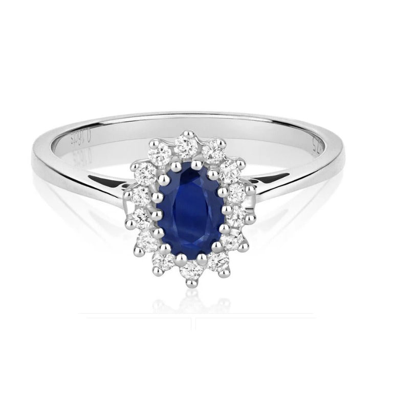Real Sapphire and Diamond Ring 9ct White Gold Oval Cluster Size J K L M N O P Q