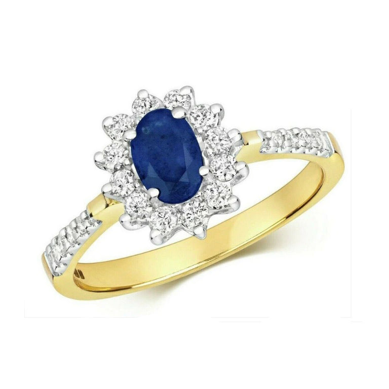 Real Sapphire and Diamond Ring 9ct yellow Gold Oval Cluster Engagement Size J-Q