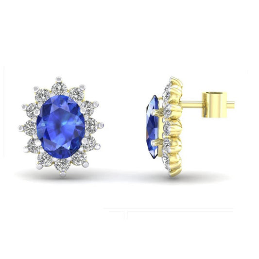 Sapphire Oval Cluster Stud Earrings Solid 9ct Yellow Gold Claw Set Hallmarked
