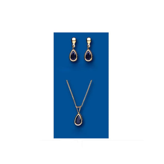 Sapphire Pendant and Drop Earrings Set Solid Yellow Gold Hallmarked