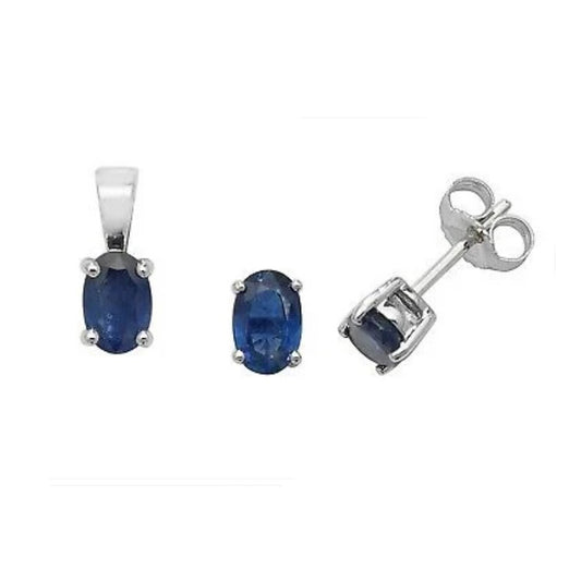 Sapphire Pendant and Earrings Set Oval Solitaire 9ct White Gold Hallmarked