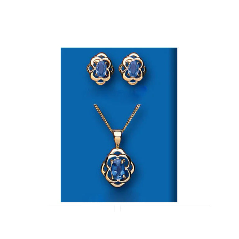 Sapphire Pendant and Earrings Set Solid Hallmarked Yellow Gold Kanchan Sapphire