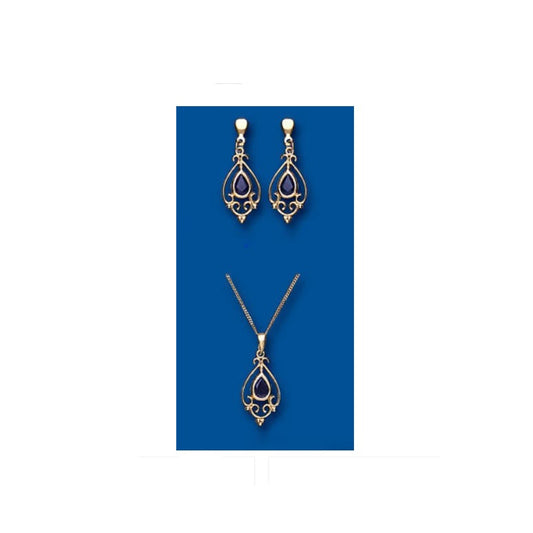 Sapphire Earrings and Pendant Set Solid Yellow Gold Hallmarked Victorian style