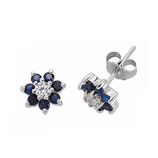Sapphire Cluster Stud Earrings Sterling Silver Rhodium Plate 925 Hallmark 8mm