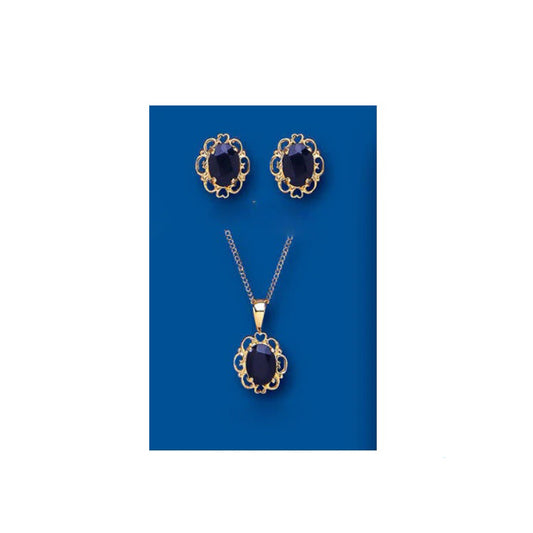 Sapphire Set Yellow Gold Pendant and Earrings Solitaire Stud
