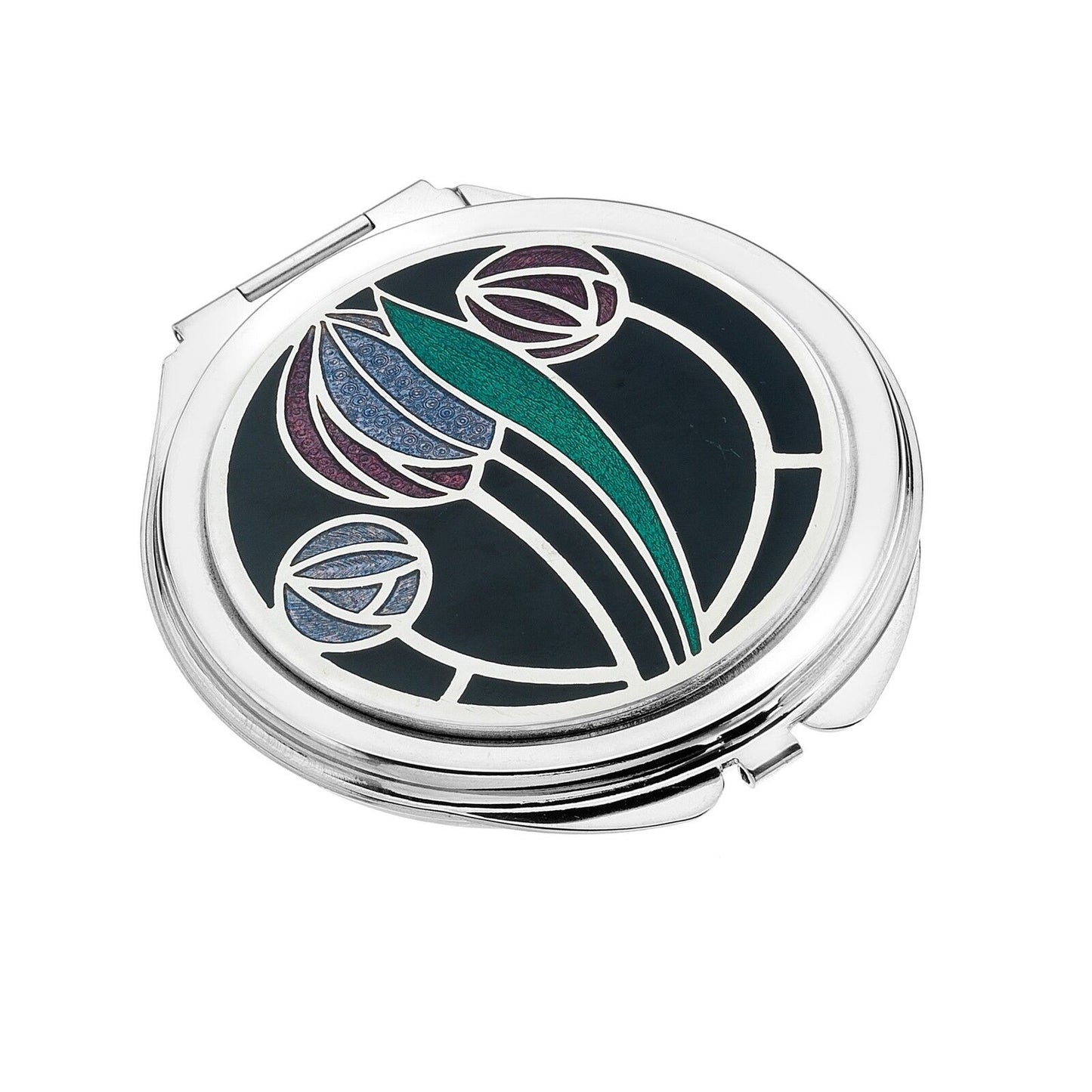 J R Jewellery silver plated compact mirror with enamel tulip design in blue green and purple on round case