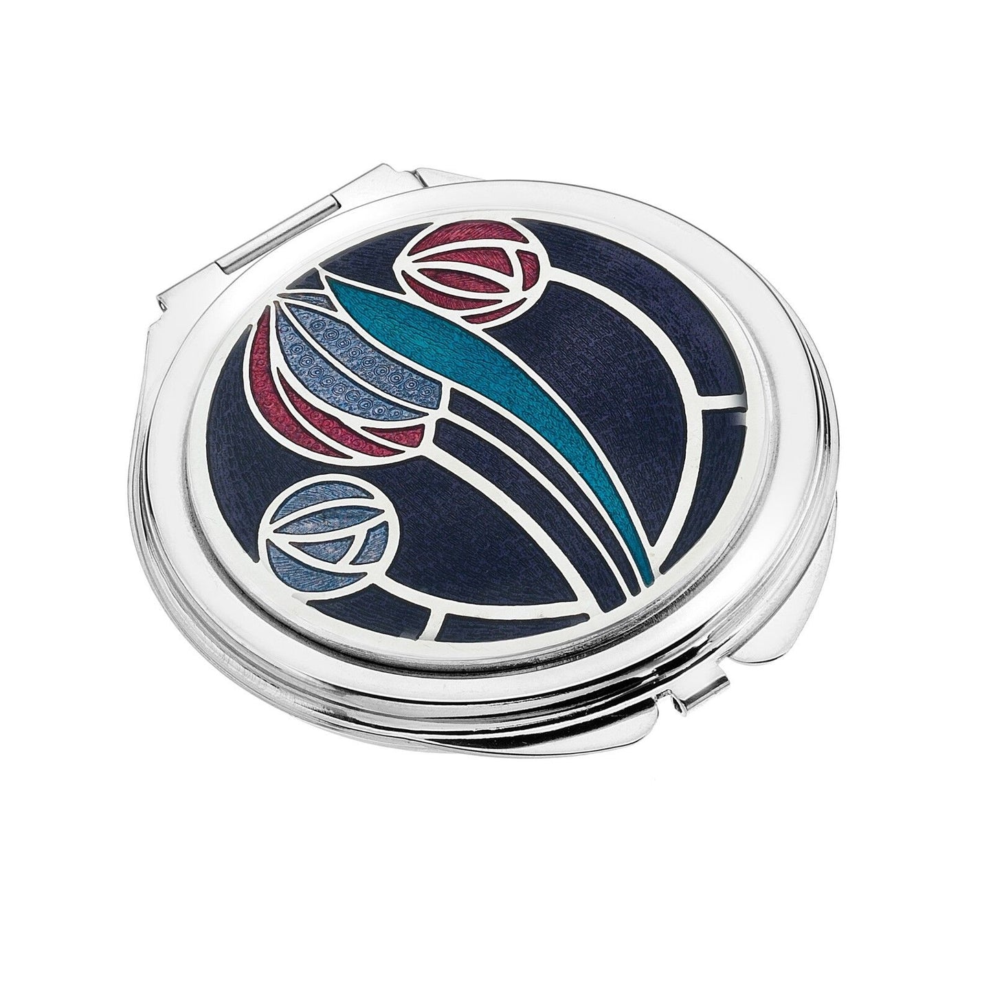 J R Jewellery silver plated compact mirror with Art Nouveau floral enamel design in navy teal and red tulip motif