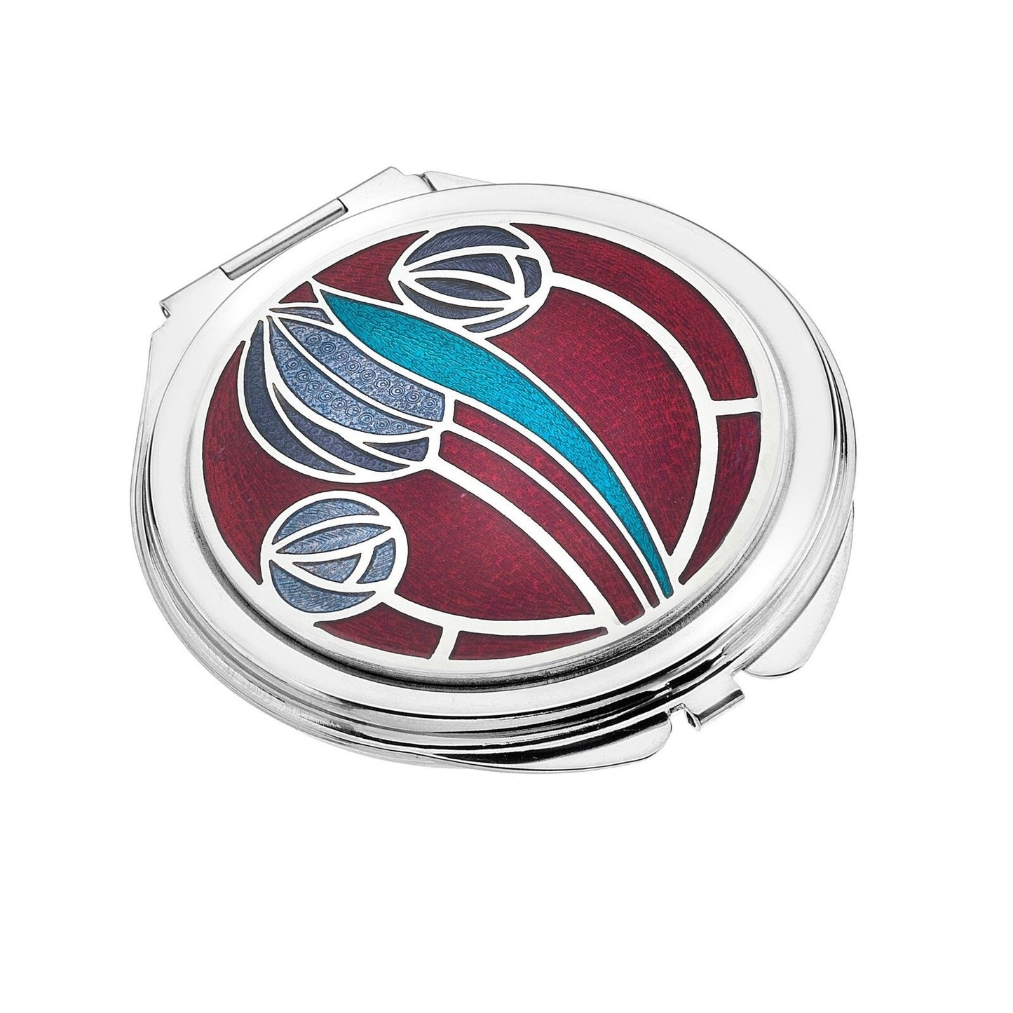 J R Jewellery silver plated compact mirror with round art nouveau floral enamel design in red teal and blue