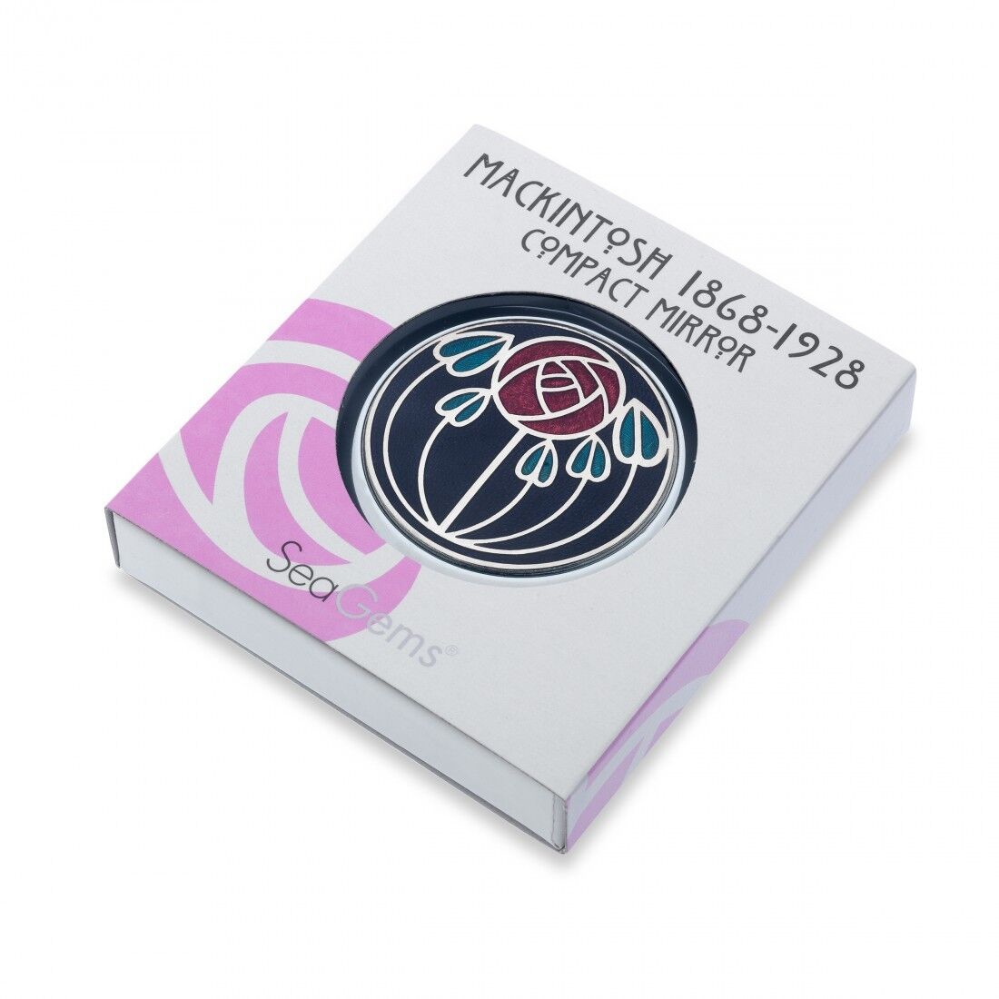 J R Jewellery silver plated compact mirror boxed with Mackintosh floral design and red enamel rose detail