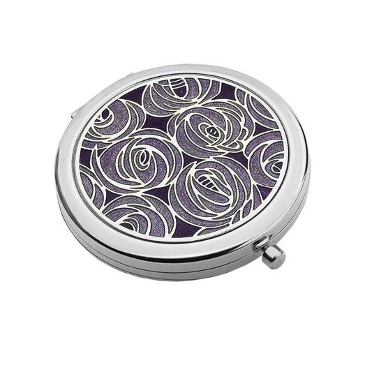 J R Jewellery silver plated compact mirror with purple rose filigree design and polished silver casing